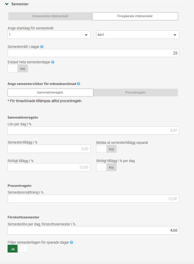 Gör inställningar för semester under Register - Avtal för löner.