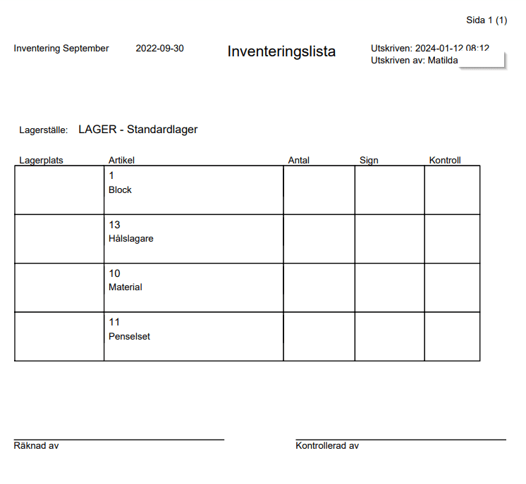 Utskriven inventeringslista att använda vid inventering.