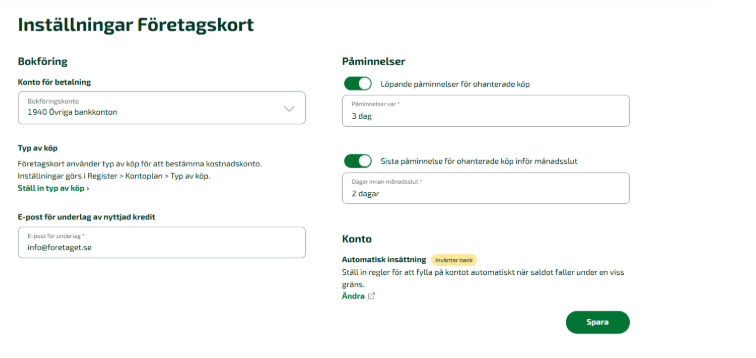 Önskar du påminna kortanvändarna att det saknas kvitto på en transaktion kan du aktivera en inställning för det.