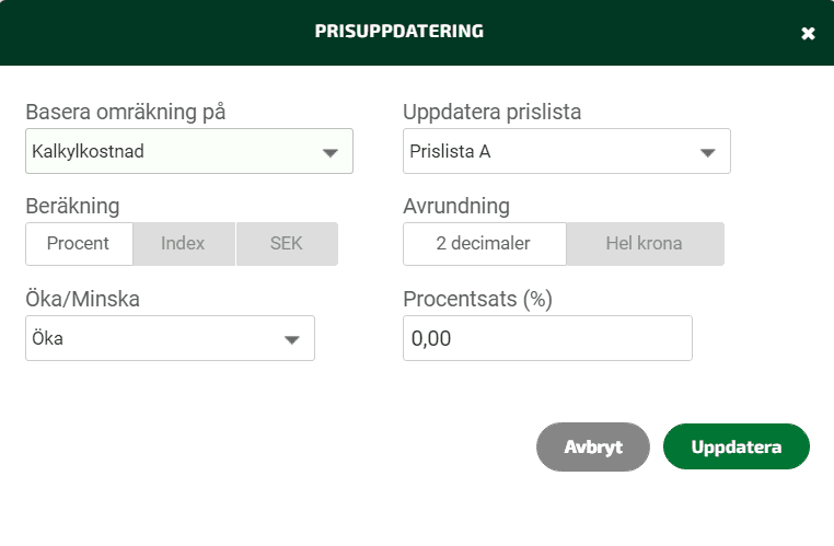 Välj vad du vill basera prisuppdateringen på.