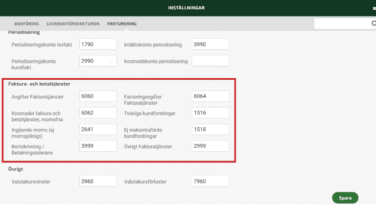 Under rubriken Faktura- och betaltjänster kan du se alla bokföringskonton som används för att bokföra användandet av fakturatjänsterna.