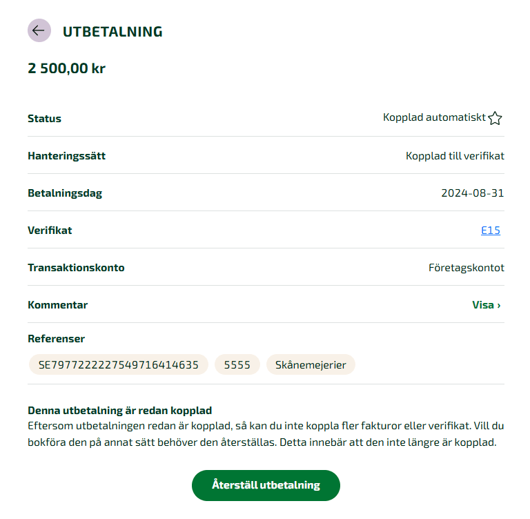 När du klickar in dig på en bokförd transaktion får du detaljerad information.