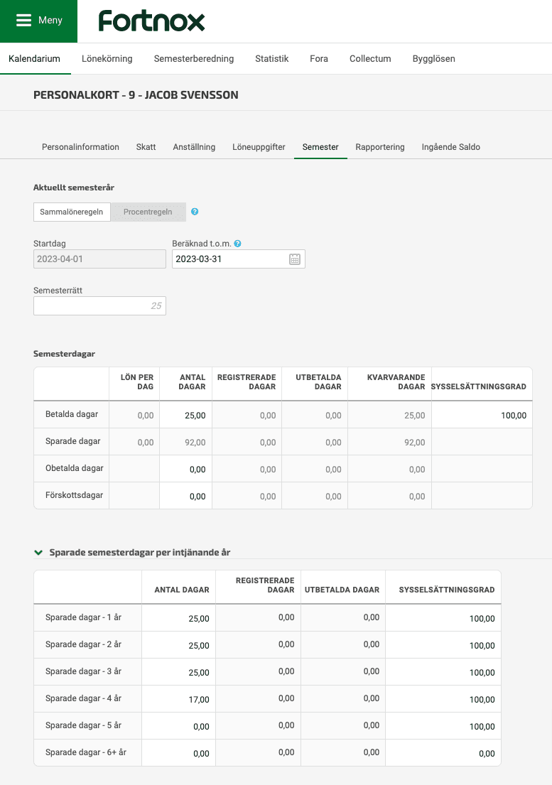 Sysselsättningsgraden på de sparade dagarna beror på vad inställningen är på Följer semesterlagen för sparade dagar.