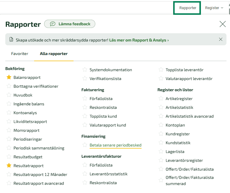 För att få en tydlig överblick och ett bokföringsunderlag över dina lån avseende Betala Senare, kan du ta ut ett periodbesked.