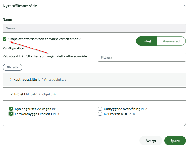 Skapa ett affärsområde per projekt genom att klicka på Skapa ett affärsområde för varje valt alternativ.