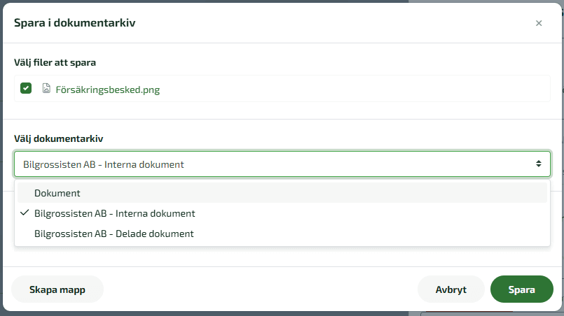 Klicka på Spara i dokumentarkiv välja att spara dokumentet under Byråns dokument, Delade eller Interna dokument.