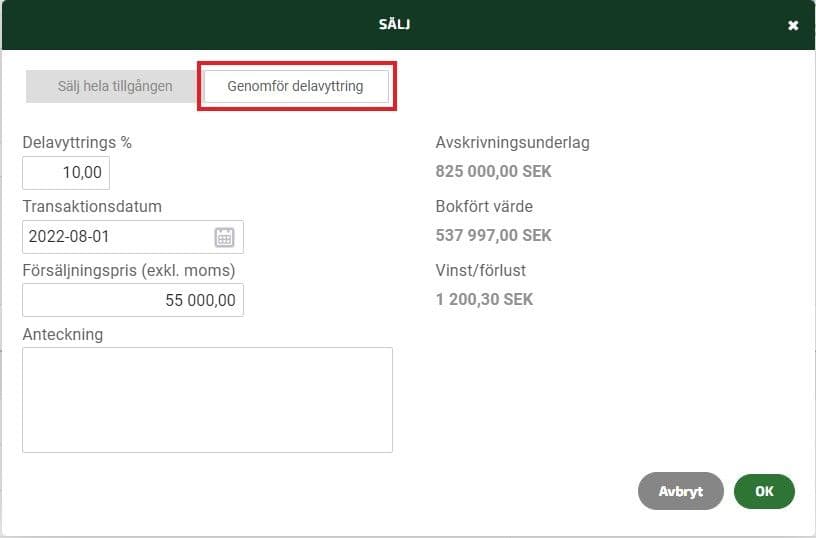 Klicka på genomför delavyttring och ange procent.