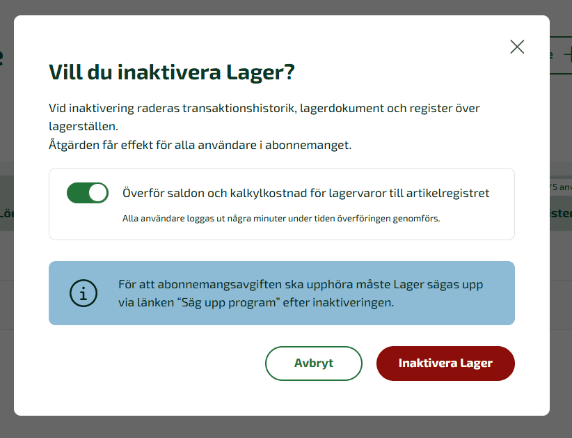När du klickar på verktyget får du en ruta som förklarar vad inaktiveringen innebär.