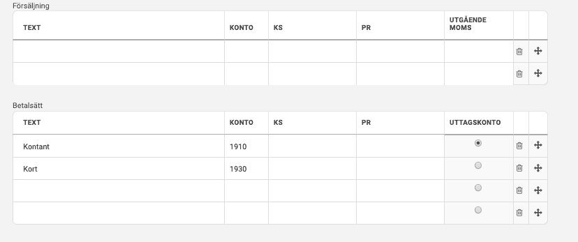 Lägg in konton för betalsätt i mallen.