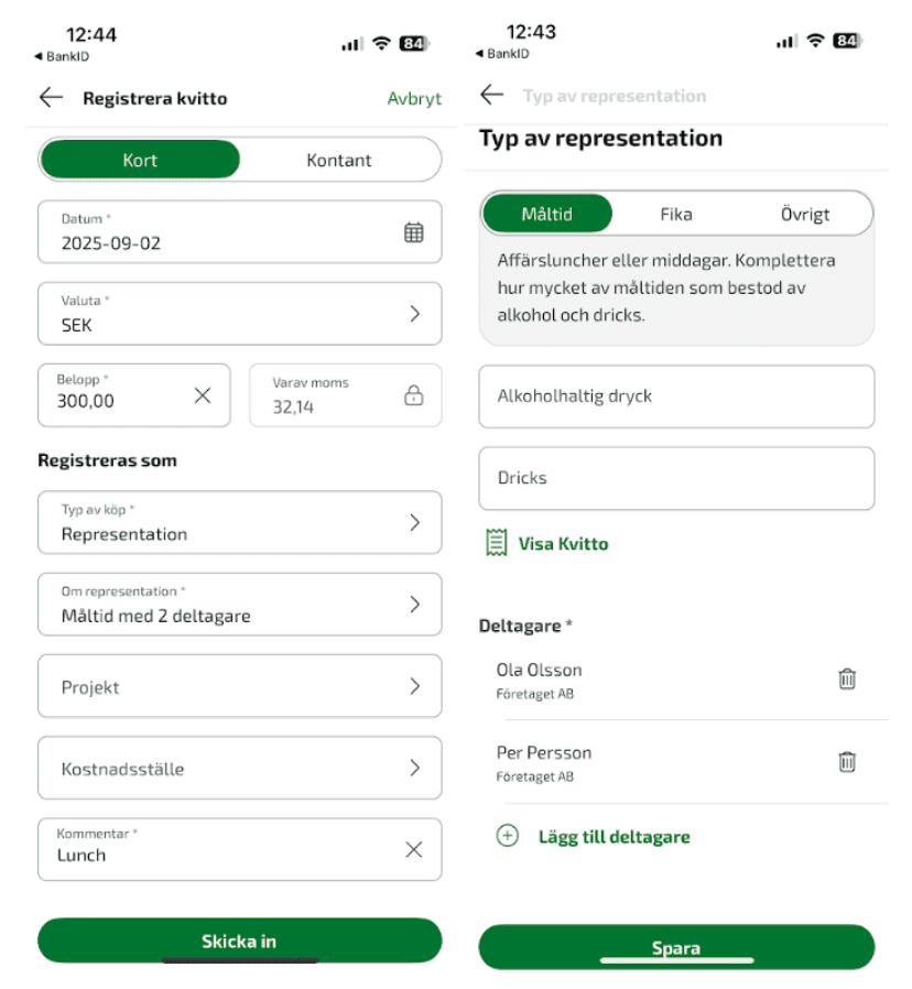 För att registrera ett köp med representation så väljer du Typ av köp, välj deltagare, spara och skicka in.