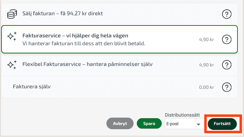 Välj alternativet Fakturaservice och klicka därefter på knappen Fortsätt nere till höger.