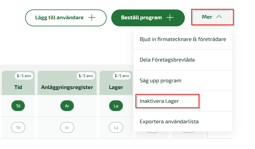Klicka på knappen mer och sedan Inaktivera Lager.