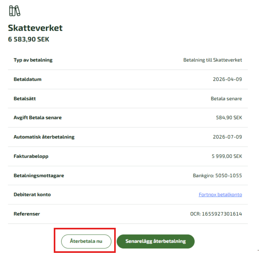 När du klickar på Återbetala nu kommer systemet att räkna om din avgift, så att du endast betalar för den tid du faktiskt har haft lånet.