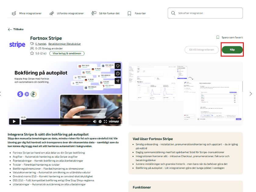 Du kommer nu till en landningssida för Fortnox Stripe, där du kan läsa om de olika funktioner som integrationen kan hantera.