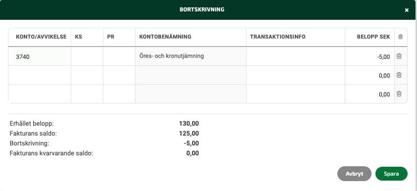 Ange det betalda beloppet i kolumnen Betalt SEK och sedan klickar du på B:et för att göra bortskrivning.