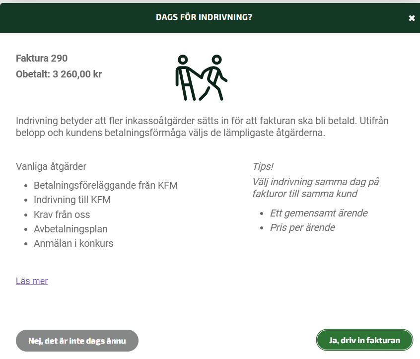 Klicka på Ja, driv in fakturan.