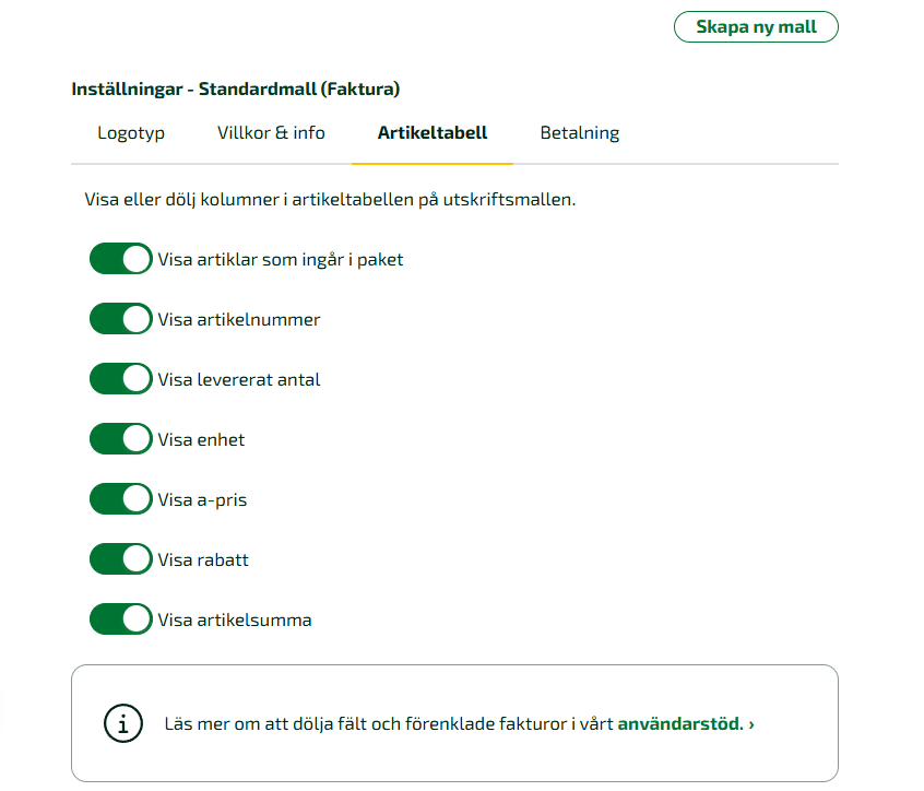 Inställningar för Standardmallens artikeltabell.