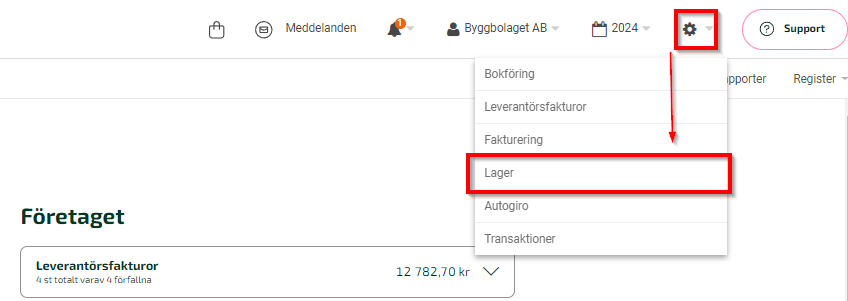 Klicka på Inställningar och välj Lager.