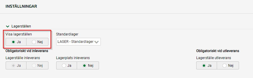 Välj om Lagerställen ska visas eller ej.