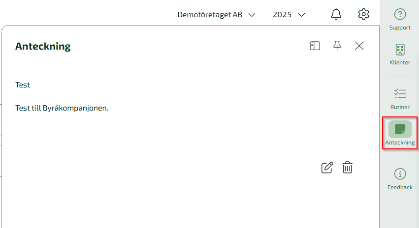 Det som skrivs i anteckningsfältet under klientinformationen för klienten i Digital byrå visas automatiskt under anteckningar i Byråkompanjonen.