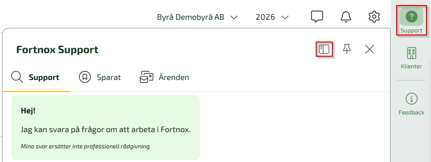 För att ändra sida där Byråkompanjonen visas klickar du på frågetecknet uppe till höger och sedan på ikonen bredvid knappnålen.