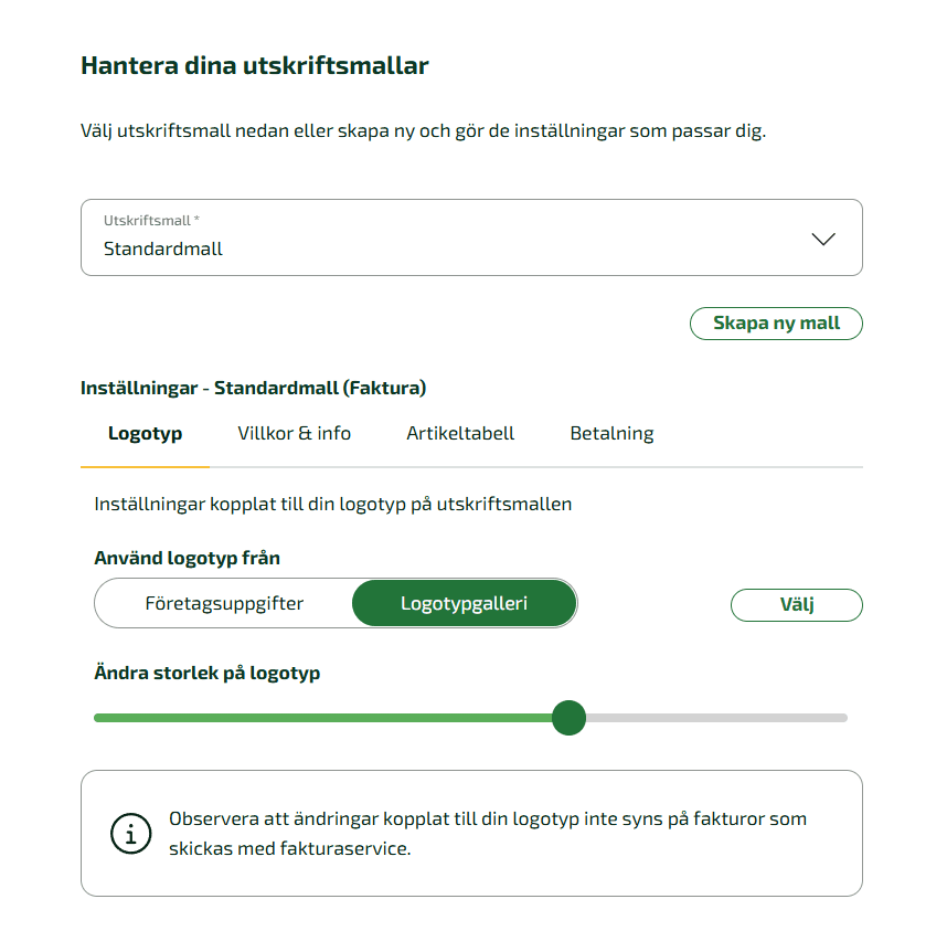 Inställningarna som görs här kommer att vara med på kundfakturor som skickas som e-post.