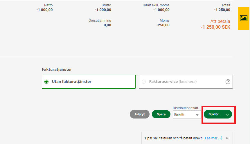 Bokför kreditfakturan genom att klicka på Bokför.