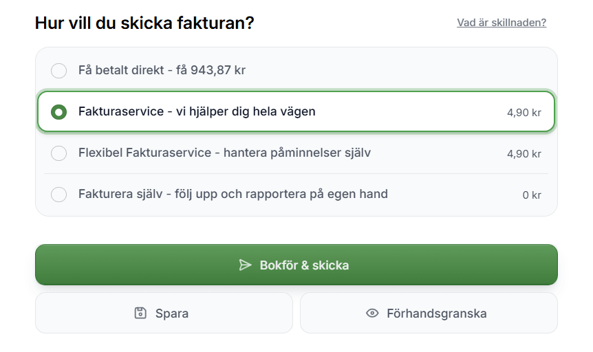 Välj hur fakturan ska skickas och klicka på Bokför & skicka.