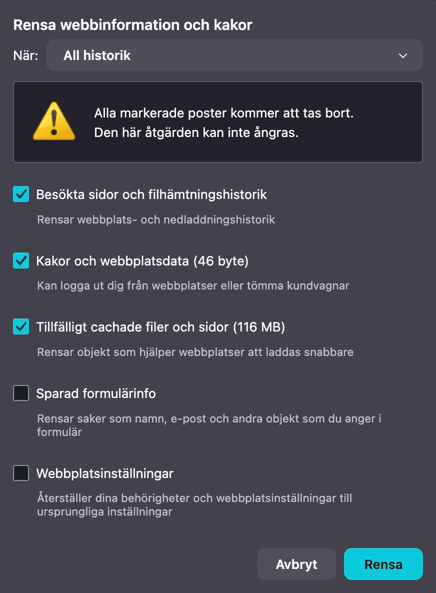 Rensa webbinformation och kakor i Mozilla Firefox.