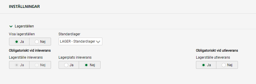 Inställningar för lagerställen.