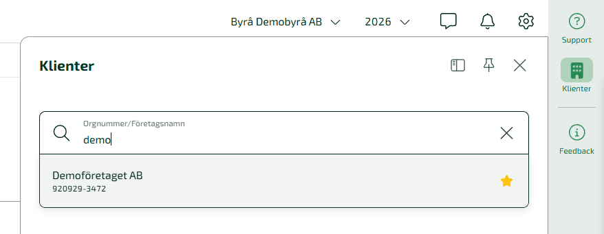 Genom att klicka på Klienter i Byråkompanjonen får du möjlighet att söka efter den klient vars abonnemang du önskar gå in på.
