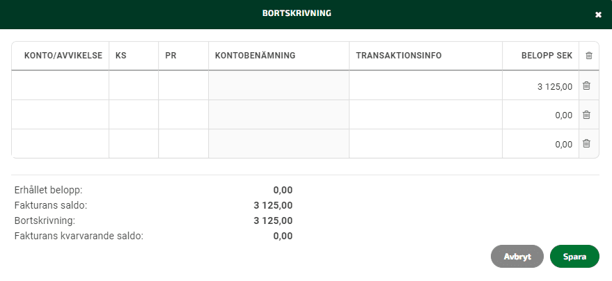 Ange vilket eller vilka konton det avvikande beloppet ska bokföras mot.