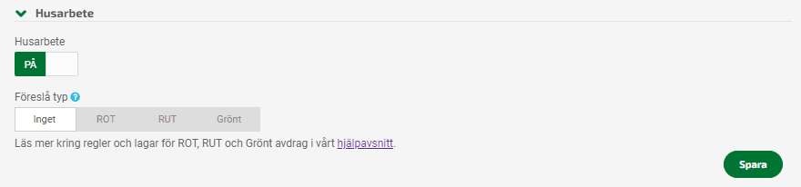 Aktivera Husarbete genom att välja PÅ och välj vilken typ av husarbete du oftast använder.