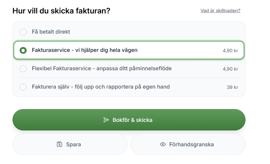 Till sist klickar du på Bokför och skicka när du vill skicka kundfakturan till din kund.