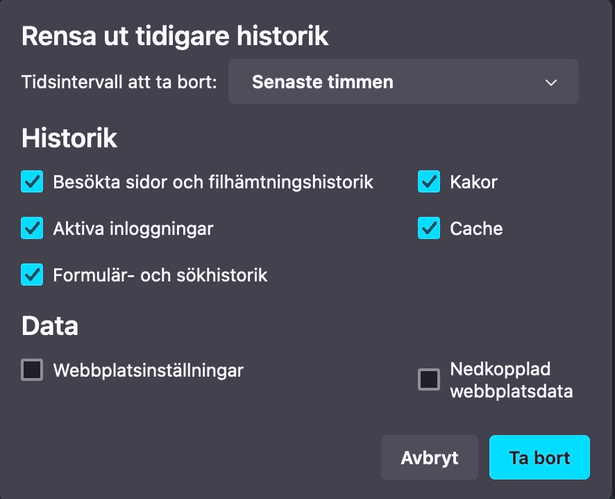 Tidsintervall och alternativ för att rensa historik i Mozilla Firefox.