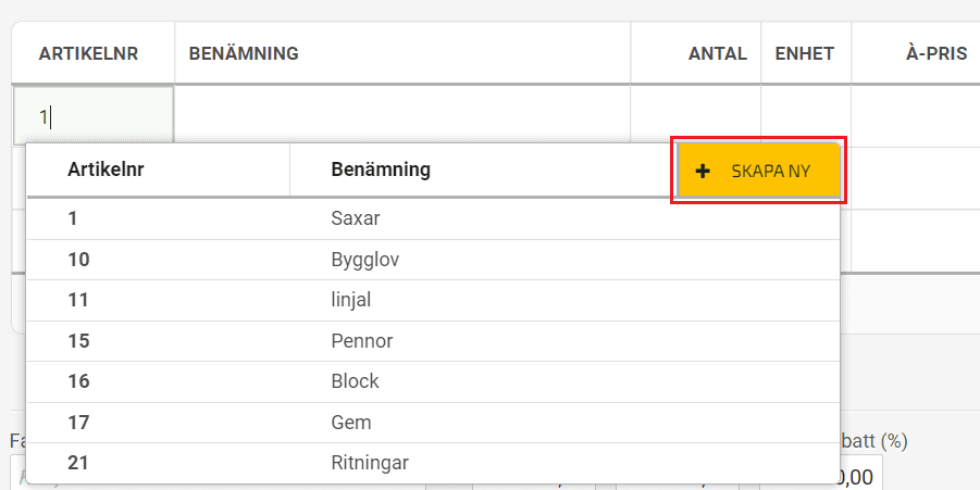 Om du vill lägga in artiklarna manuellt i programmet kan du göra det i samband med att du skapar en ny offert/order, klicka på Skapa ny i artikelnr-kolumnen.