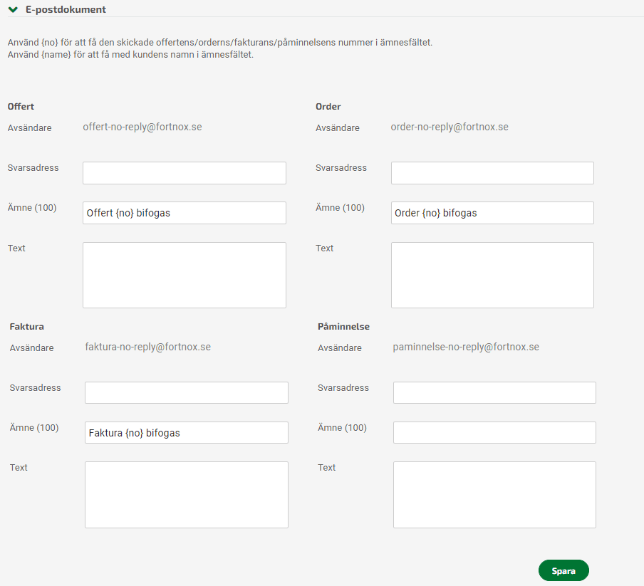 Under Inställningar - E-postdokument gör du inställningar för utskick av offerter,order och fakturor via e-post.