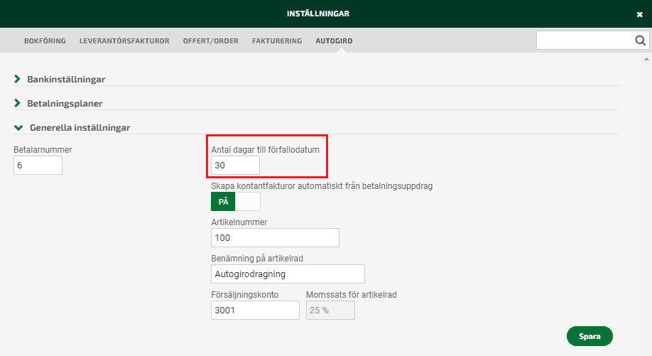 Fyll i antal dagar till förfallodatum.