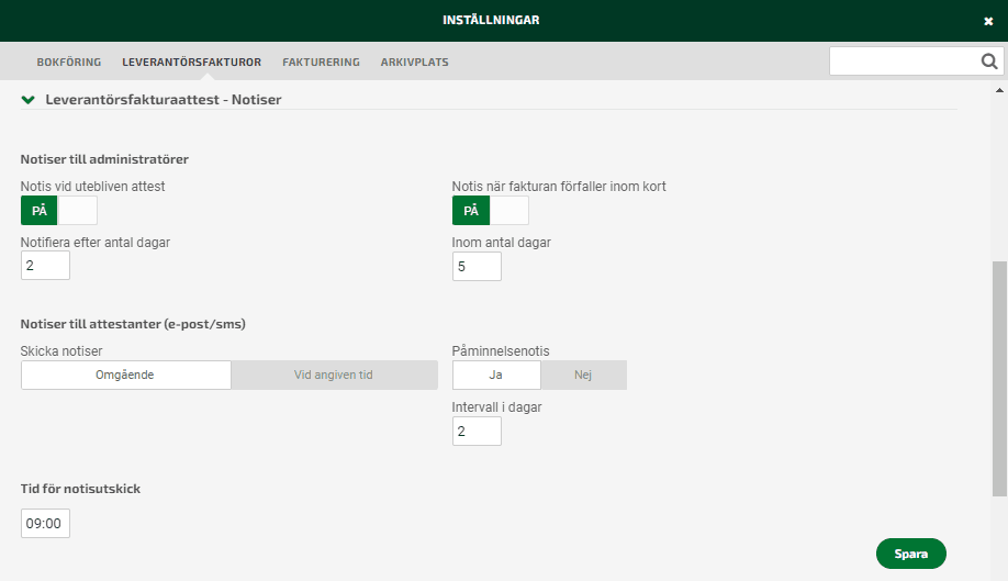 Gör inställningar för notiser under Inställningar - Leverantörsfakturor - Leverantörsfakturaattest - Notiser.