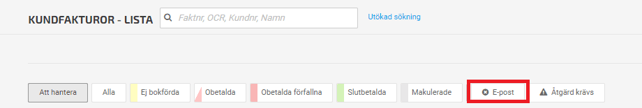 Under filtret E-post får du en överblick över dina misslyckade e-postutskick.