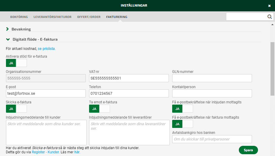 Under Inställningar - Digitalt flöde - e-faktura gör du inställningar för e-faktura.