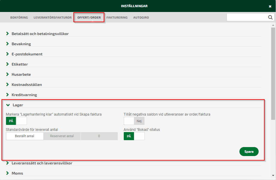 Inställningar för lager under Offert/Order.