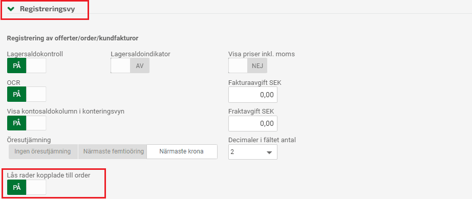 Det finns en möjlighet att styra om dessa fält på fakturarader skapade ifrån en order ska vara låsta eller ej via inställningarna och blocket Registreringsvy.