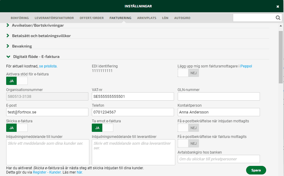 Bli upplagd som fakturamottagare i Peppol genom att aktivera denna möjlighet under Inställningar - Fakturering - Digitalt flöde e-faktura.