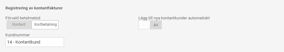 Inställningar för kontantfakturor under Inställningar - Registreringsvy.