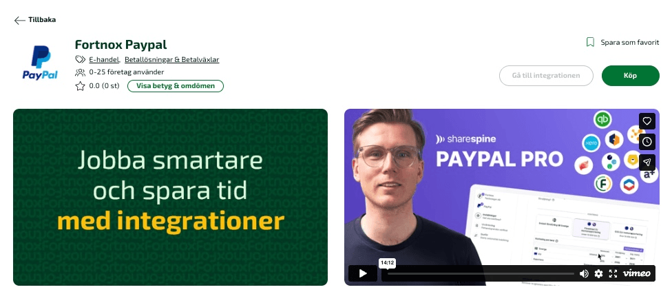 Landningssida för Fortnox PayPal, där du kan läsa om de olika funktioner som integrationen kan hantera.