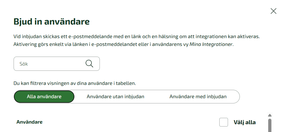 En lista med alla användare på Fortnoxkontot kommer då att synas och här kan du direkt välja att skicka en inbjudan till användaren.