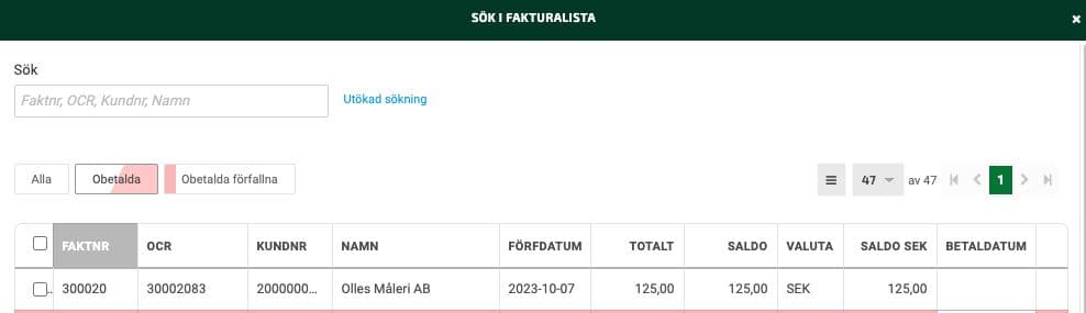 Välj filter och klicka på Sök i faktlista.