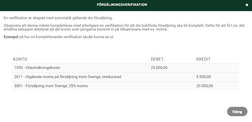 När du genomfört försäljningen kommer en verifikation skapas med automatik.