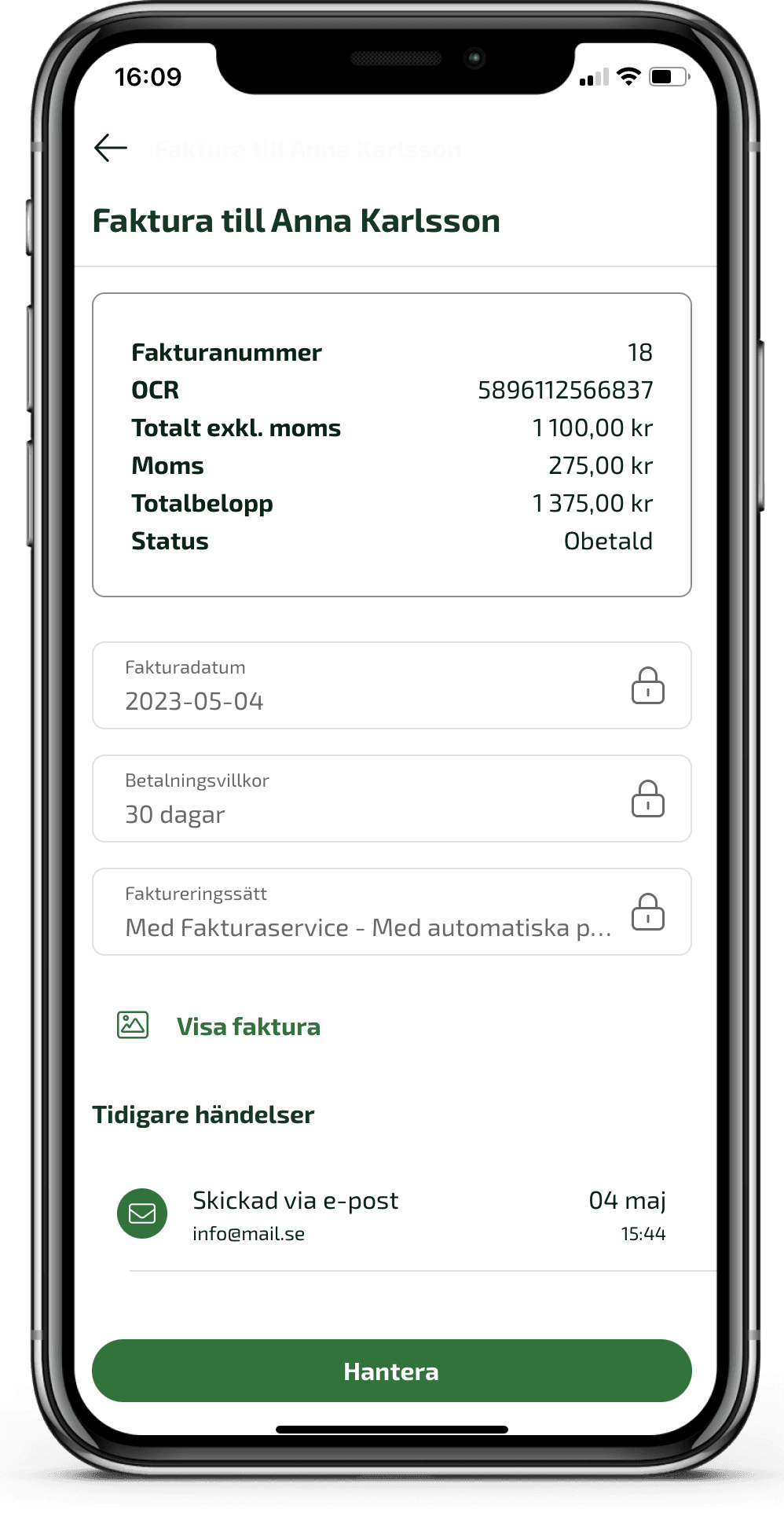 Under Hantera-knappen kan du utföra olika åtgärder.